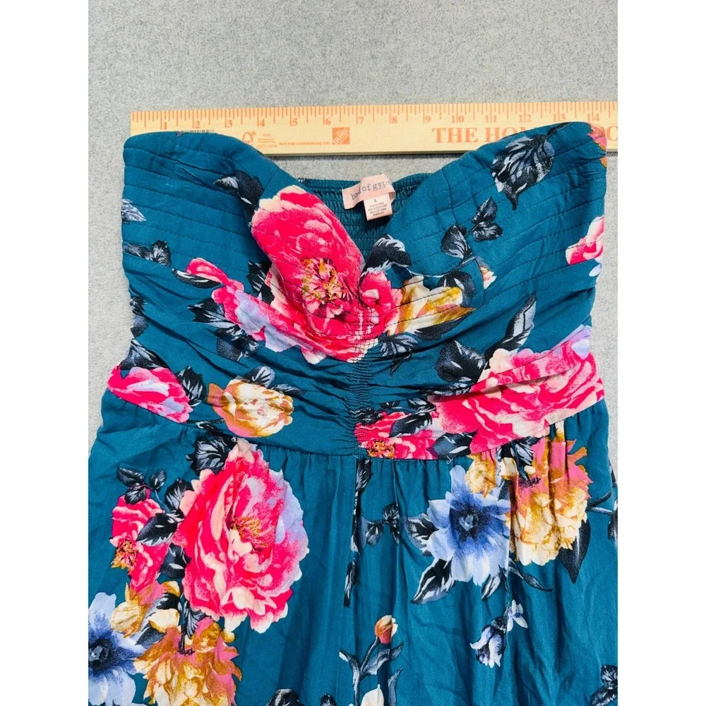 Heart Of Gypsy Jumpsuit Womens Large Teal Blue Floral Strapless Wide‎ Leg Boho